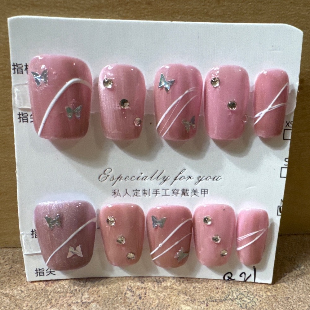 Pink Butterfly Press On Nails Rhinestone Accents Square False Nails Set